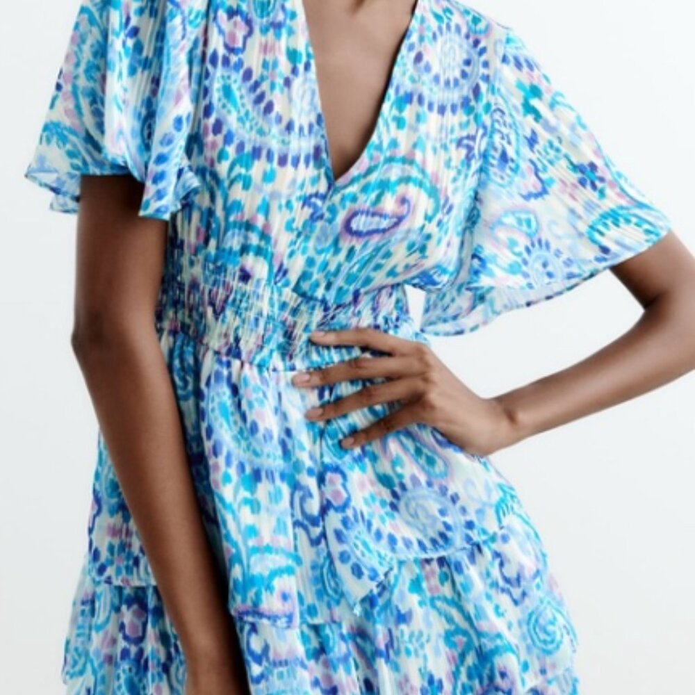 Zara New With Tags blue/teal ikat S - pattern dress
